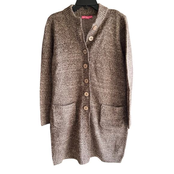Brown tan marled thick heavy long button cardigan sweater pockets plus sz 14-16 - Picture 1 of 8